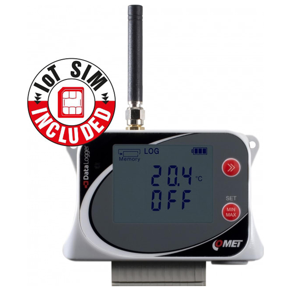 Data Logger Comet U0843Msim - IoT Wireless Temperature Datalogger for 2 External Probes, with 2 Two-State Inputs, GSM Modem, Flat Rate SIM Card