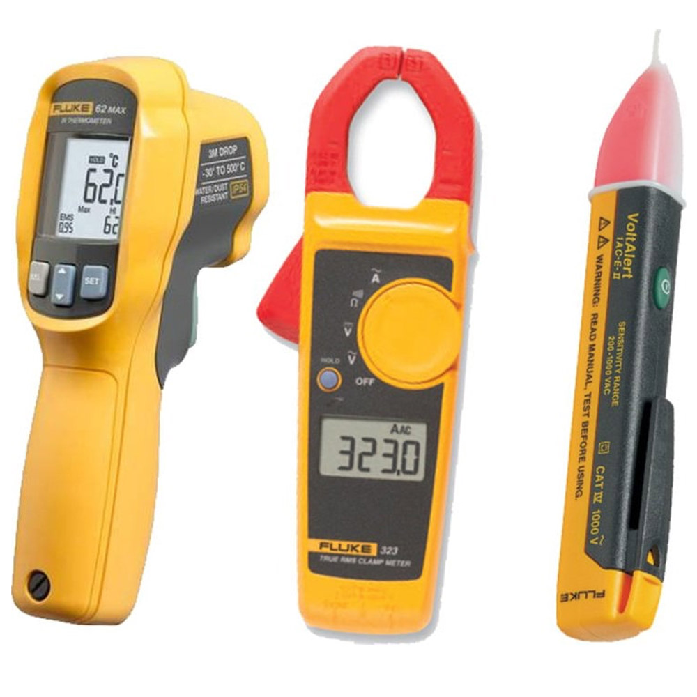 Kit Fluke FL62MAX+/323/1AC Handheld Infrared Thermometer, True-RMS Clamp Meter, Voltage Detector VoltAlert